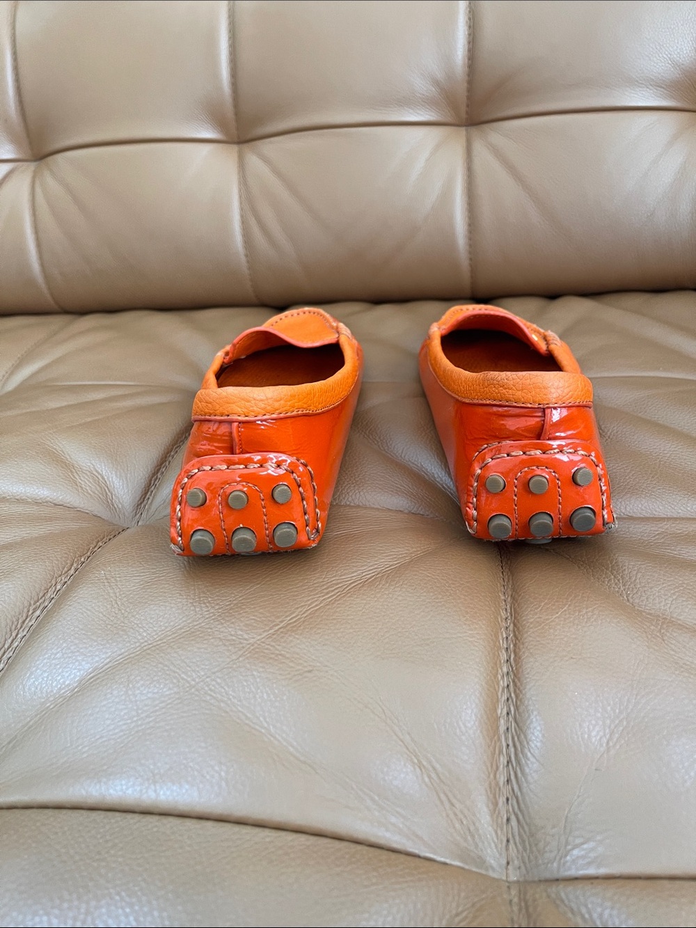 Tory Burch Orange Patent Leather Driving Loafers with Rubber Pebble Soles - Picture 5 of 10